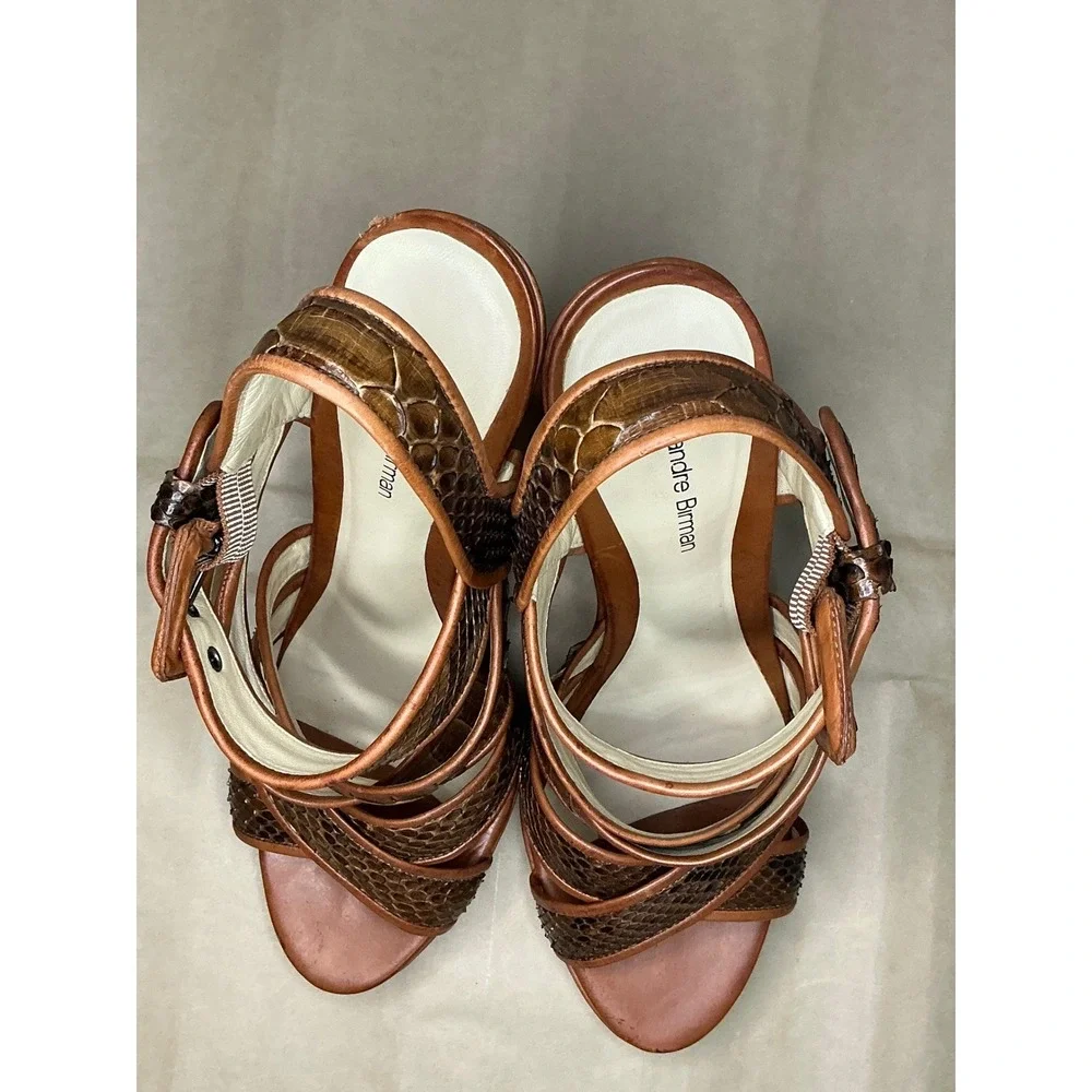 Alexandre‎ Birman Snakeskin Strappy Wedge Sandals Brown Leather Heels